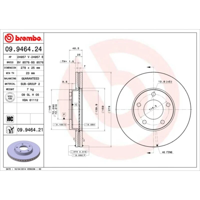 Brembo Bremseskive 09.9464.21 for Mazda 3/5 (2011+)