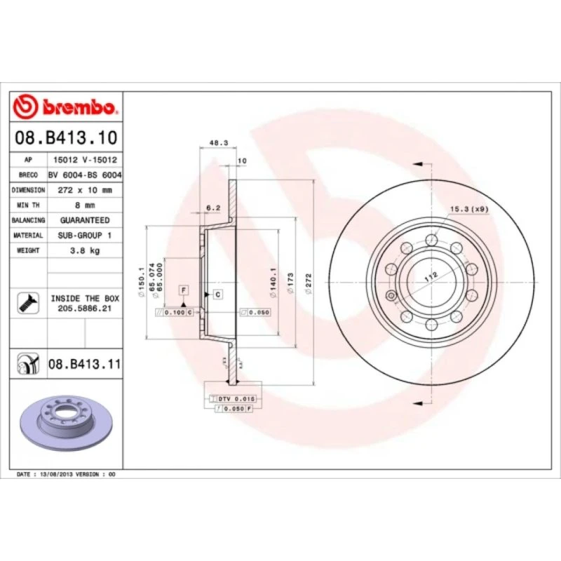 Brembo Bremseskive 08.B413.11 til VW, Audi, Skoda, Seat, Cupra