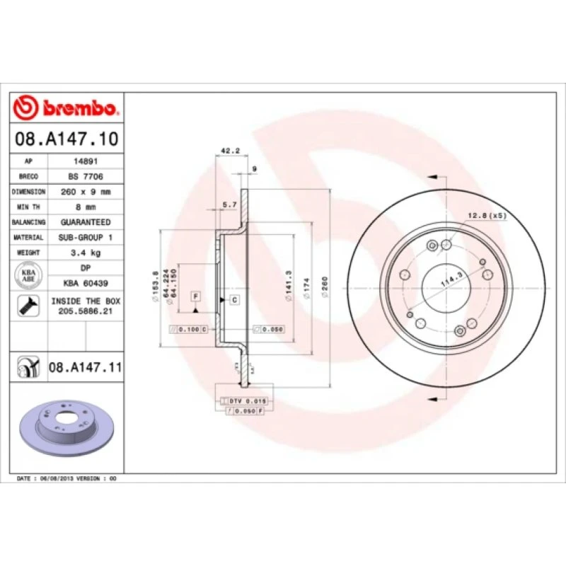 Brembo Bremseskive 08.A147.11 for Honda Civic IX/VIII