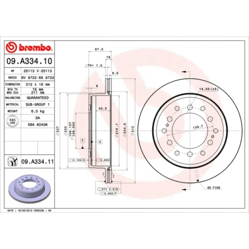 Brembo Bremseskive 09.A334.11, 4243160130-4243160270, bagaksel, 18 mm