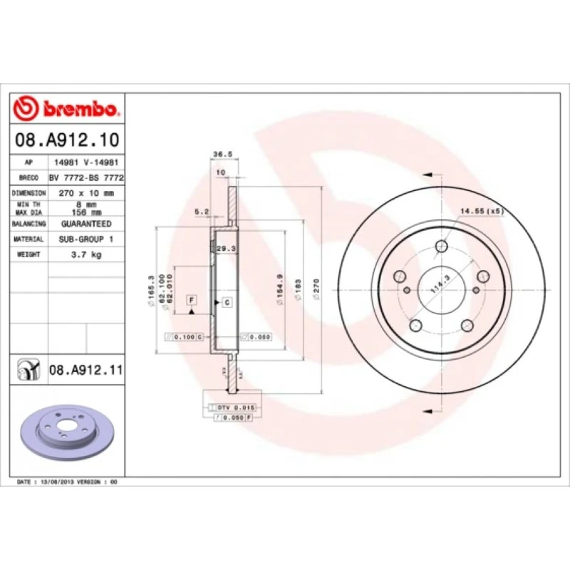 Brembo Bremseskive 08.A912.11 til Toyota Auris & Corolla