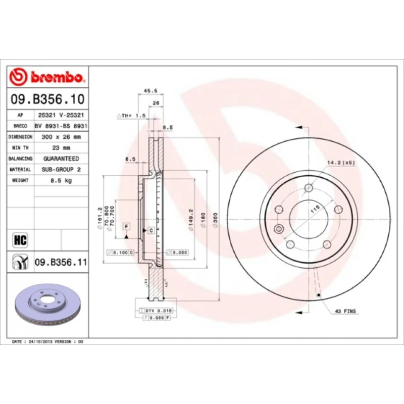 Brembo Bremseskive 09.B356.11 for Opel/Chevrolet/Vauxhall