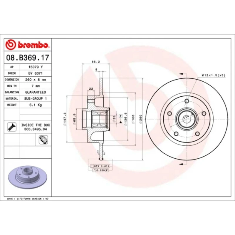 Brembo Bremseskive 08.B369.17 for Renault Fluence, Mégane