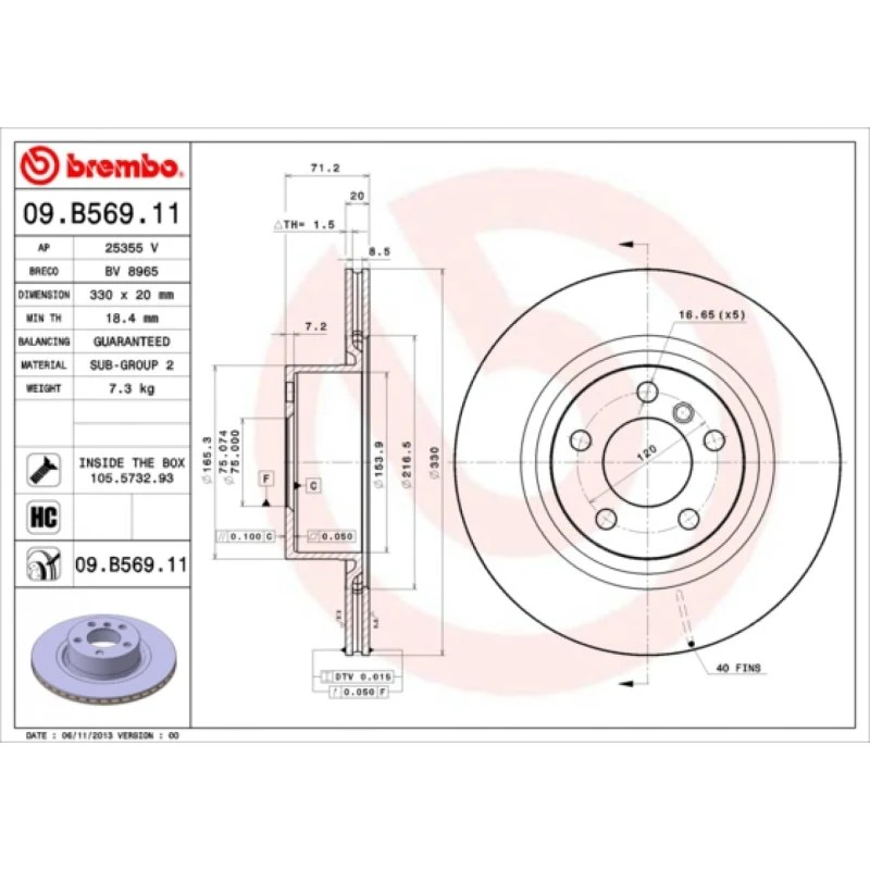 Brembo Bremseskive 09.B569.11, 330 mm, bagaksel, Prime