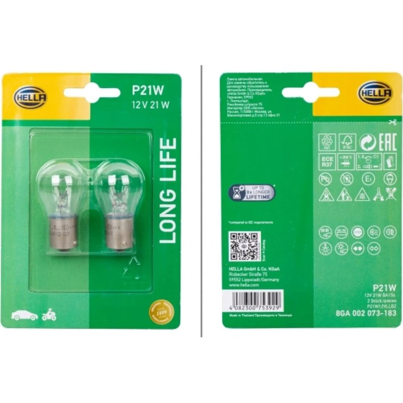 HELLA 8GA 002 073-183 P21W Blinklyg Pære, 2 stk, gennemsigtig