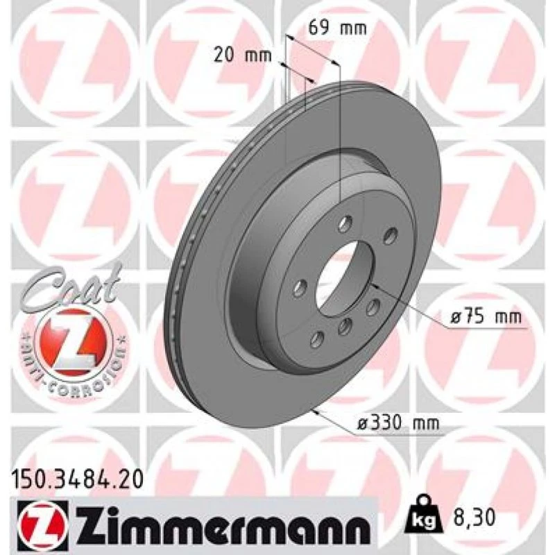 ZIMMERMANN Bremseskive 150.3484.20, bagaksel, indvendigt ventileret
