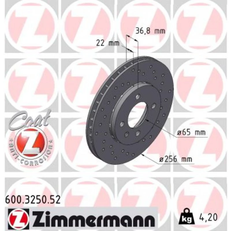 ZIMMERMANN Bremseskive 600.3250.52 SPORT COAT Z, 256 mm, for VW, SKODA, SEAT