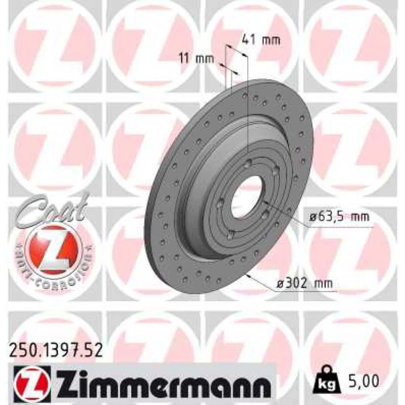 ZIMMERMANN Bremseskive 250.1397.52, bagaksel, fuld, hullet, ECE R90