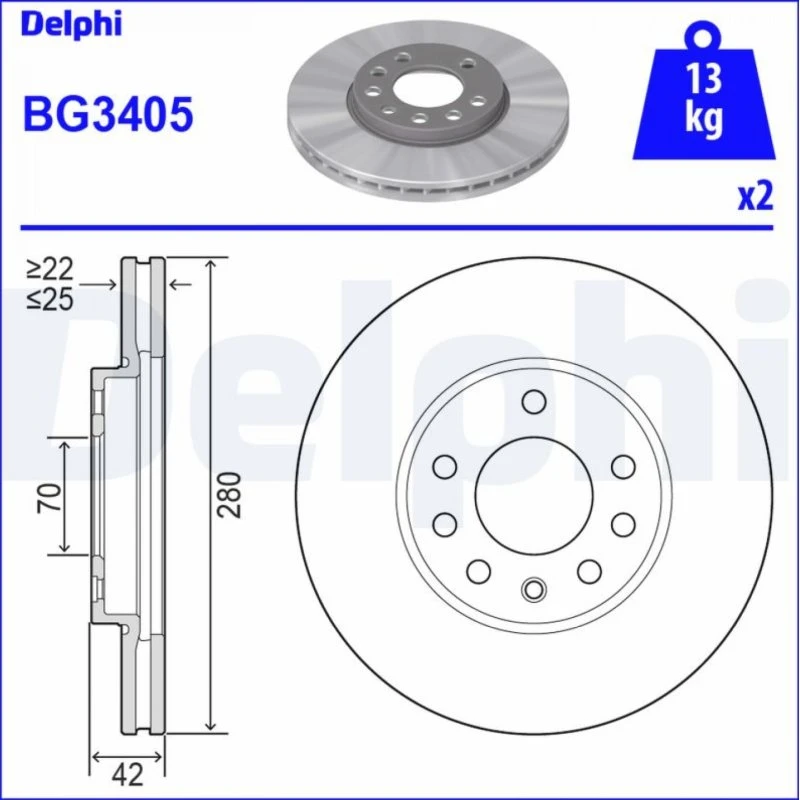 DELPHI Bremseskive BG3405, ventileret, 280 mm, til OPEL & Vauxhall