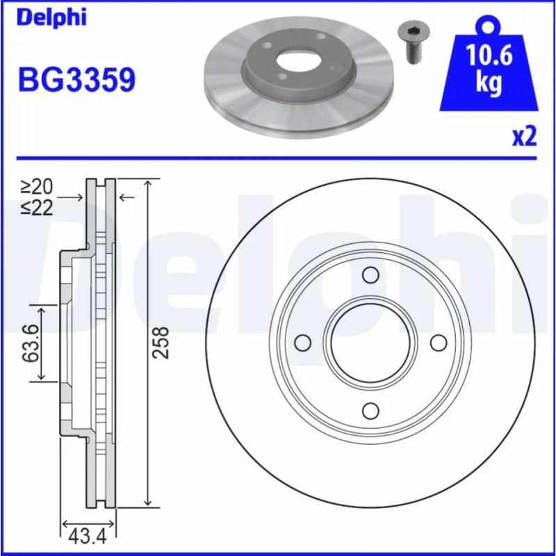 DELPHI Bremseskive BG3359, ventileret, 258 mm, til Ford Fiesta, Mazda 2