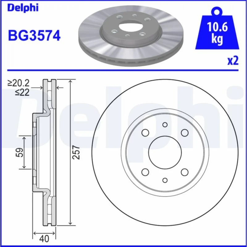 DELPHI Bremseskive BG3574, ventileret, 257 mm, til FIAT, PEUGEOT, CITROËN
