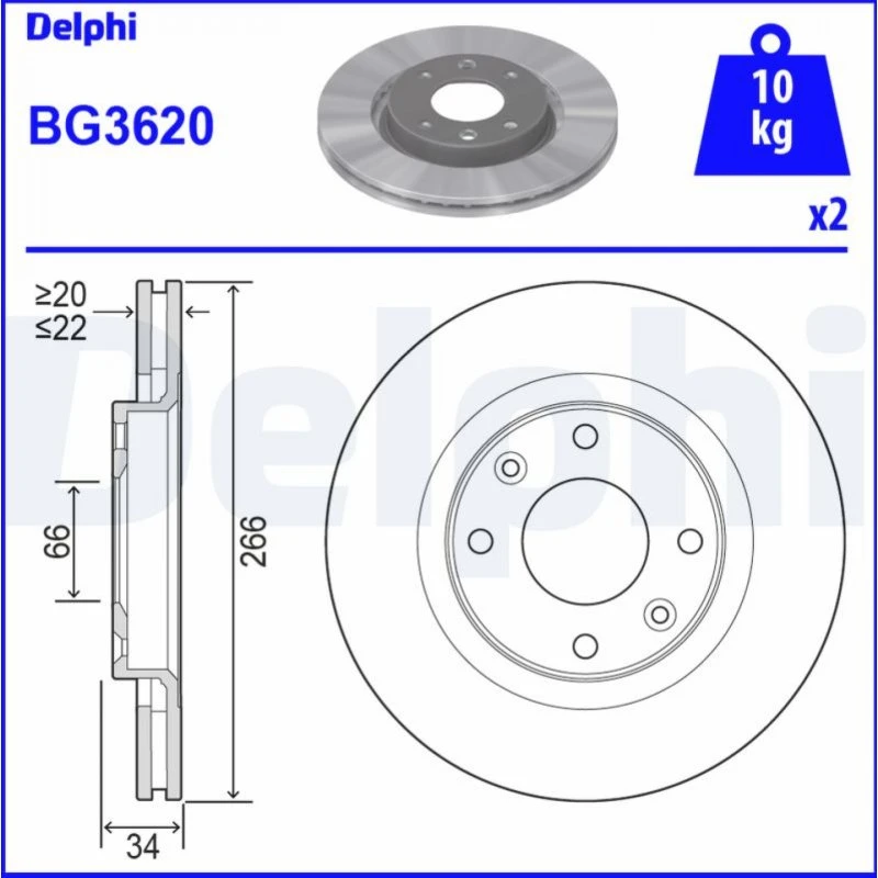 DELPHI Bremseskive BG3620, ventileret, 4-hul, til OPEL, PEUGEOT, CITROËN
