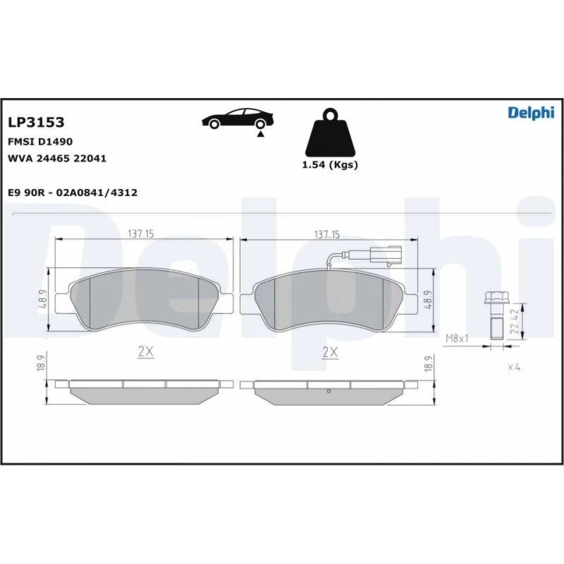 DELPHI Bremseklodser LP3153, semi-metallic, med slidadvarsel, til OPEL, FIAT, PEUGEOT, CITROËN