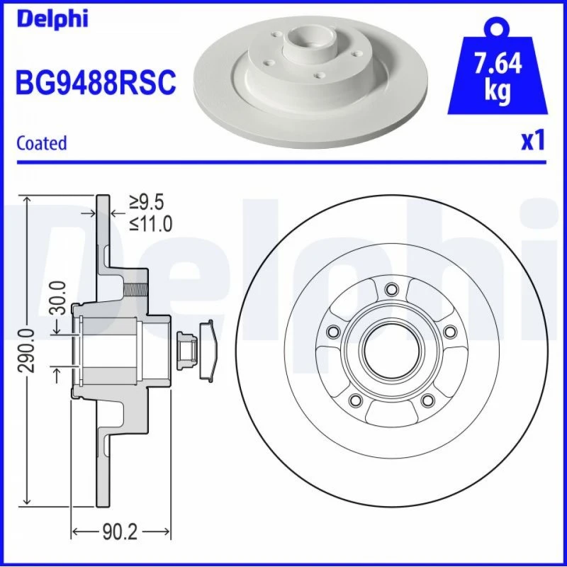 DELPHI Bremseskive BG9488RSC 290mm, 11mm tyk, til Renault Grand Sc, Megane IV