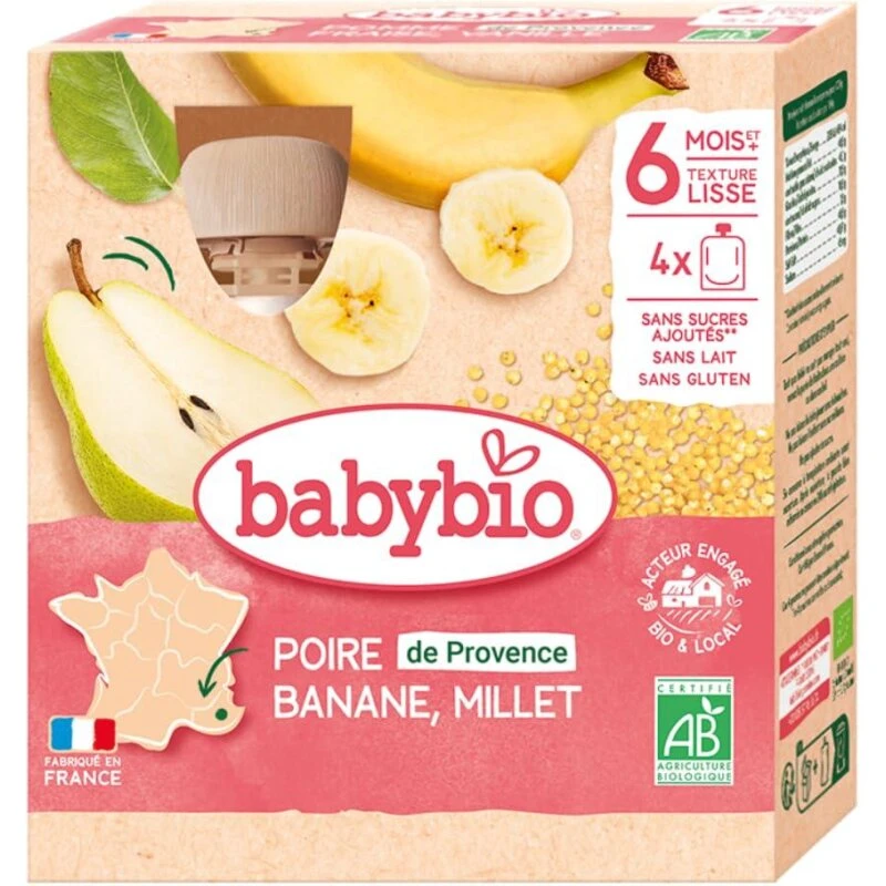 Babybio frugtflasker 4x90 g – Pære, Banan & Hirse (6+ mdr)