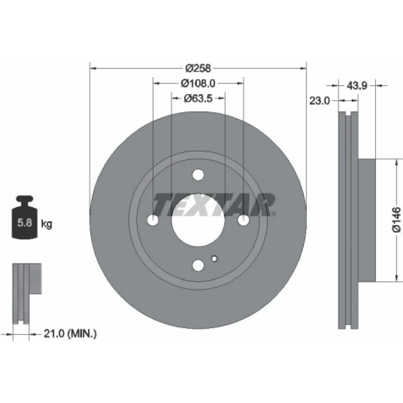TEXTAR Bremseskive 92176005, 258 mm, højkarboniseret, ventileret