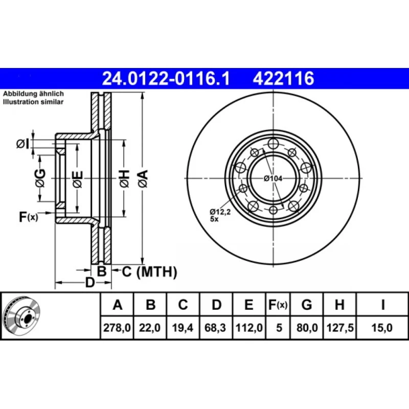 ATE Bremseskive 24.0122-0116.1, ventileret, 278 mm, til Mercedes-Benz S-klasse, SL