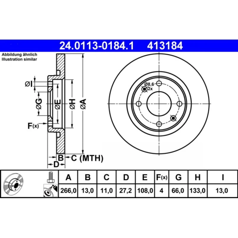 ATE Bremseskive 24.0113-0184.1 for PEUGEOT/CITROËN