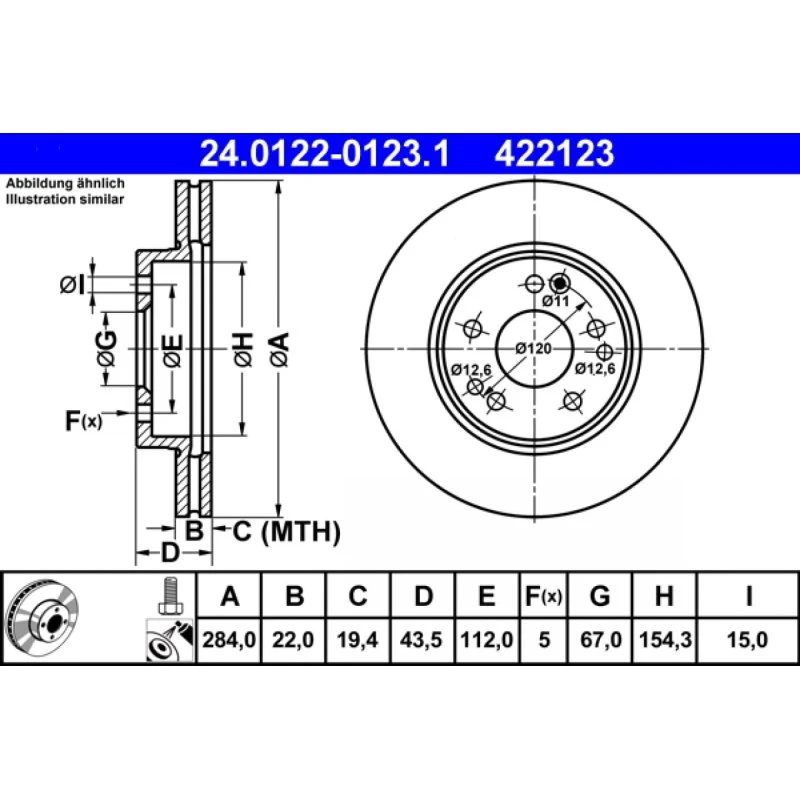 ATE Bremseskive 24.0122-0123.1 for Mercedes-Benz