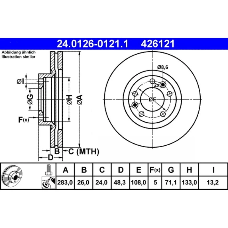 ATE Bremseskive 24.0126-0121.1, ventileret, 283 mm