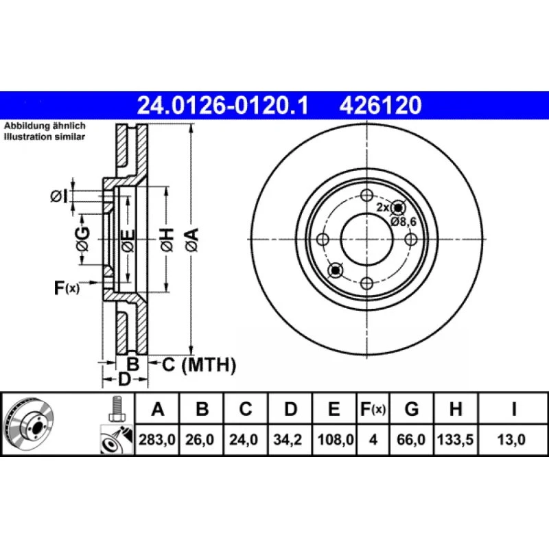 ATE Bremseskive 24.0126-0120.1, ventileret, 283 mm