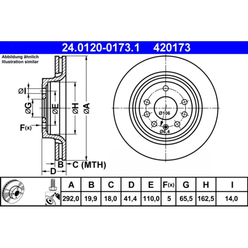 ATE Bremseskive 24.0120-0173.1 ventileret, 292 mm, for OPEL, FIAT, SAAB