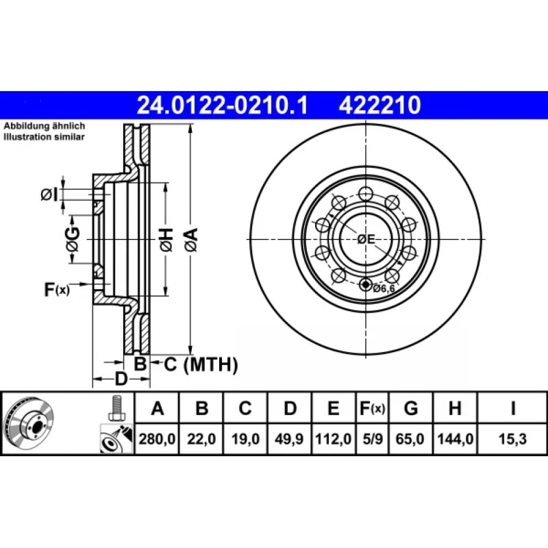 ATE Bremseskive 24.0122-0210.1 for VW, Audi, Skoda, Seat