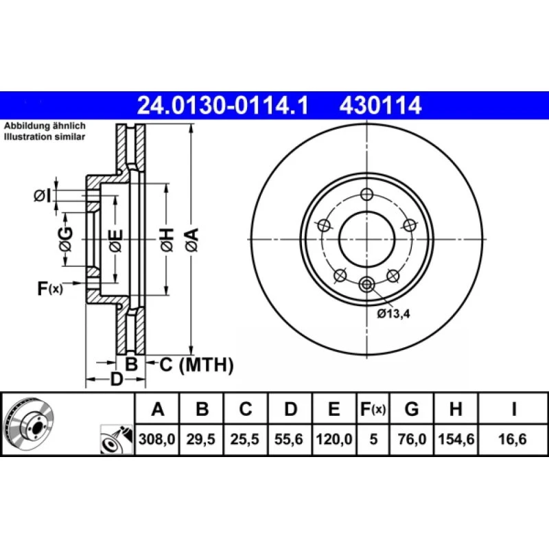 ATE Bremseskive 24.0130-0114.1 for VW T5/T6, Toareg, 308 mm