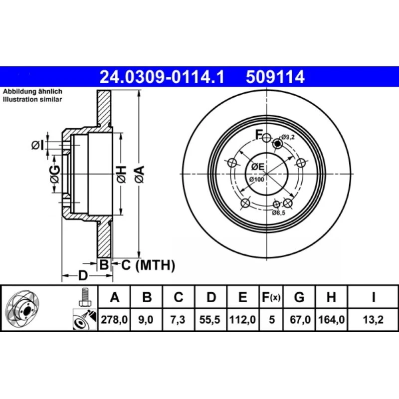 ATE Bremseskive 24.0309-0114.1 for Mercedes-Benz