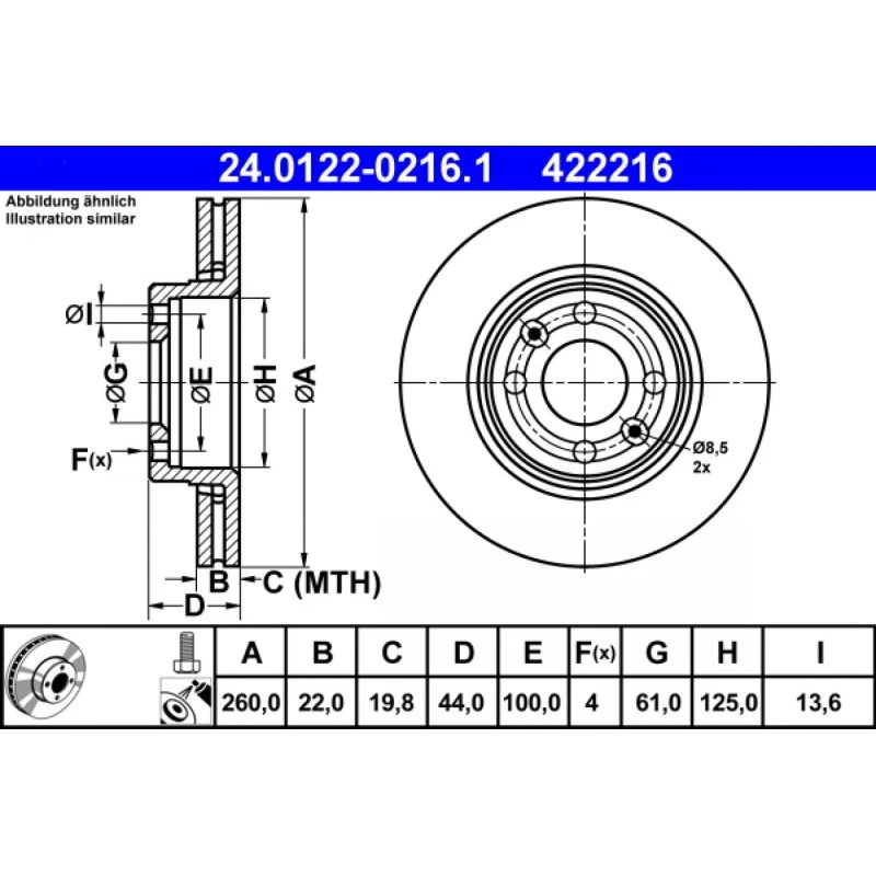 ATE Bremseskive 24.0122-0216.1, ventileret, 260 mm, til Renault, Nissan, Dacia
