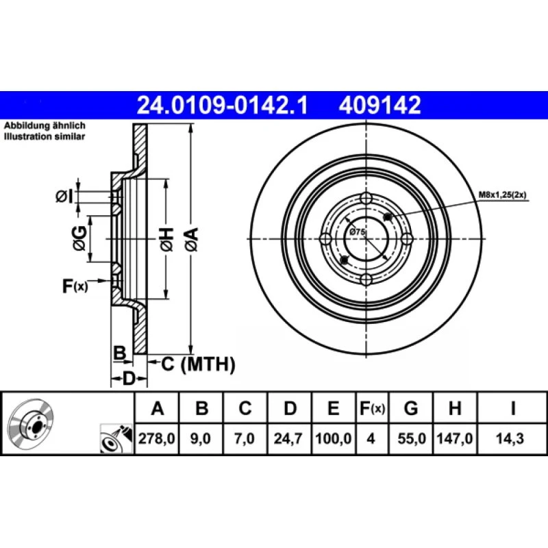 ATE Bremseskive 24.0109-0142.1 for Toyota/Yaris & Daihatsu Charade
