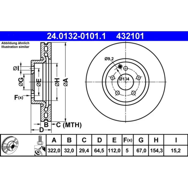 ATE Bremseskive 24.0132-0101.1, ventileret, 322 mm