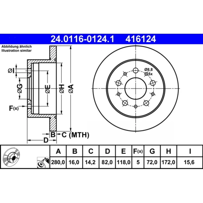 ATE Bremseskive 24.0116-0124.1, 280 mm, fuld, coated, 5-hul