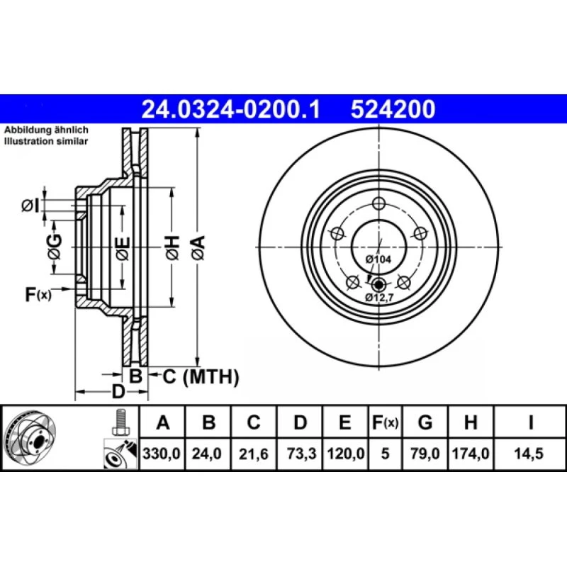 ATE PowerDisc Bremseskive 24.0324-0200.1, ventileret, 330 mm