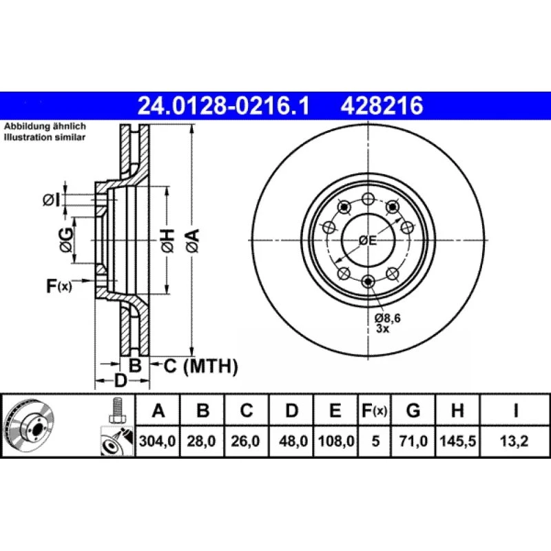 ATE Bremseskive 24.0128-0216.1 for CITROËN, FIAT, PEUGEOT, TOYOTA