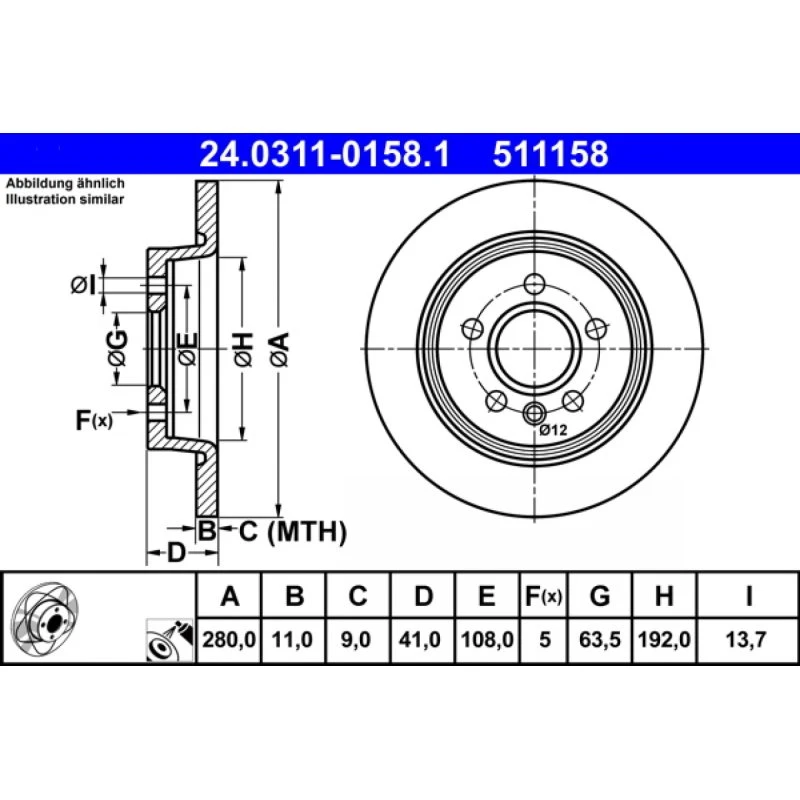 ATE Bremseskive 24.0311-0158.1, 280 mm, fuld, bagaksel
