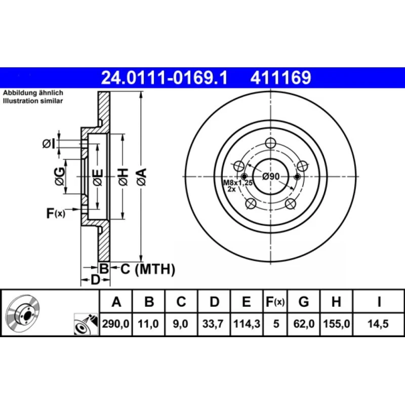 ATE Bremseskive 24.0111-0169.1 til Toyota Avensis (290 mm)