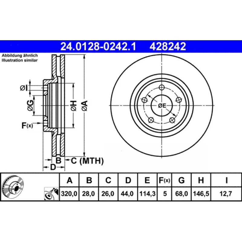 ATE Bremseskive 24.0128-0242.1, ventileret, 320 mm, til Renault Koleos I & Nissan Qashqai/Juke