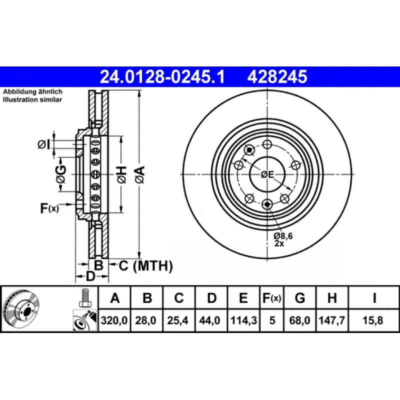 ATE Bremseskive 24.0128-0245.1, 320 mm, ventileret, til Renault Clio IV, Megane III/IV, Espace V