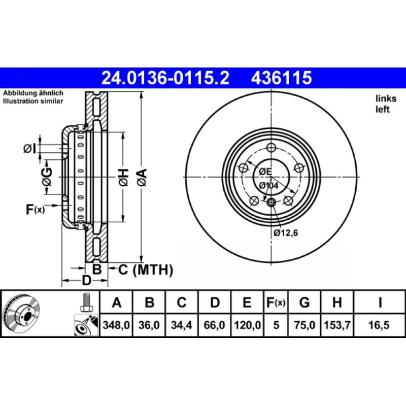ATE Bremseskive 24.0136-0115.2, ventileret, 348 mm
