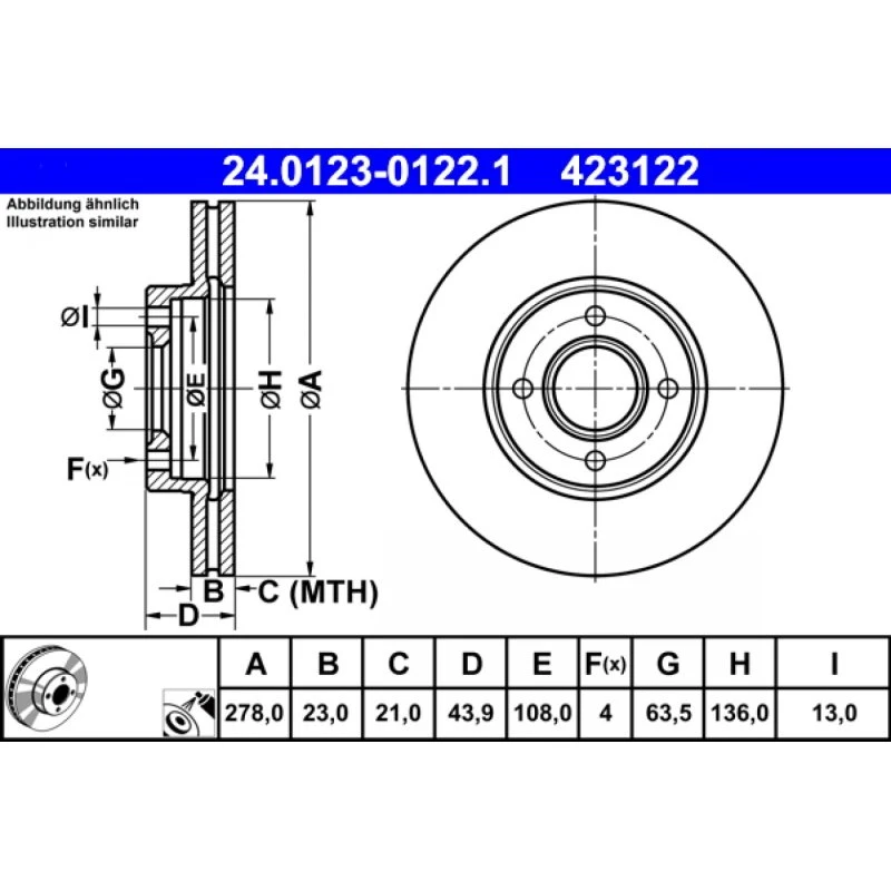 ATE Bremseskive 24.0123-0122.1 for Ford B-Max, Fiesta, Transit