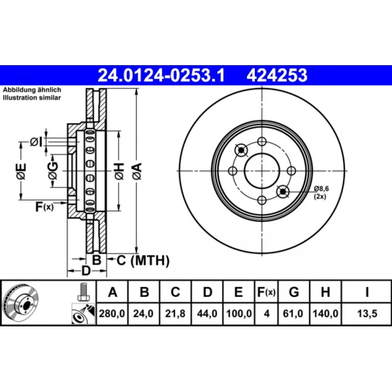 ATE Bremseskive 24.0124-0253.1, ventileret, 280 mm, til Renault & Dacia