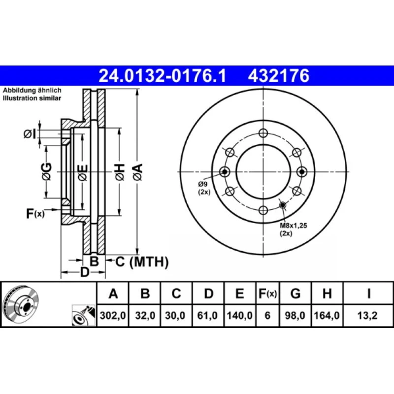 ATE Bremseskive 24.0132-0176.1, ventileret, 302 mm, til VW, Ford, Mazda