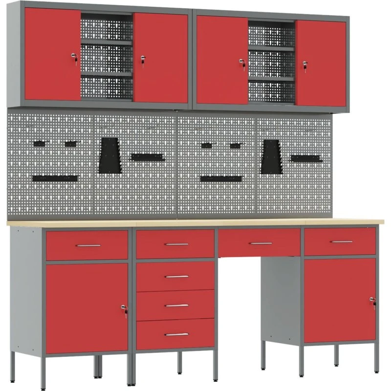 Rød Ingeniørtræ & Stål Arbejdsskab med 10 Skuffer, 200x55x200 cm