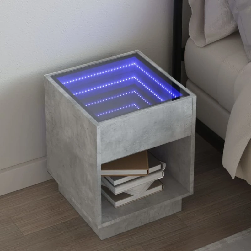 vidaXL Sengebord med Infinity LED-lys 40x40x50 cm betongrå