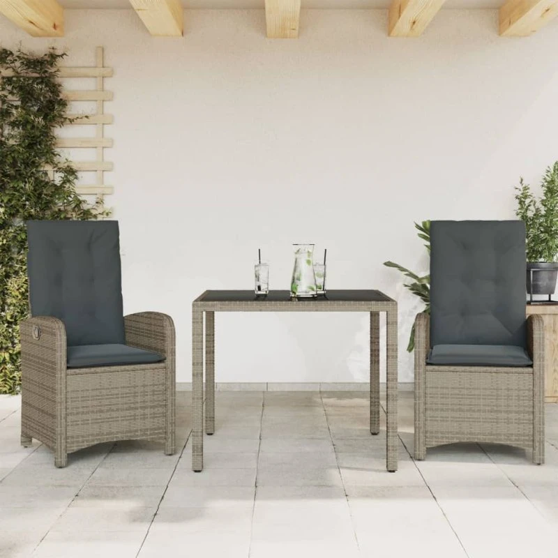 Haven 3-delssæt med hynder, polyrattan grå, 90 cm, med fodskammel