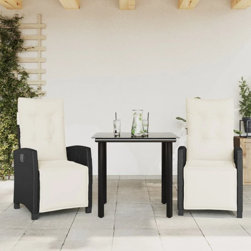 vidaXL 3-deligt spisebordssæt med hynder, polyrattan sort, 80 cm