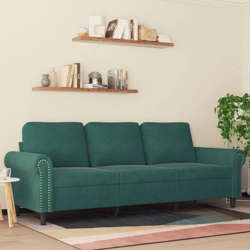 Fløjl 3-Personers Sofa 180 cm, Mørkegrøn