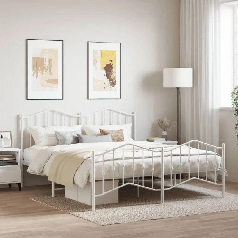vidaXL Sengeramme 160x200 cm metal hvid med sengegavl og fodgærde