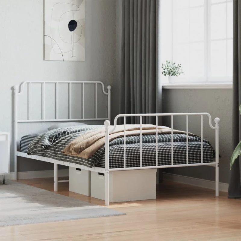 vidaXL Sengeramme 107x203 cm metal hvid med sengegavl og fodgærde